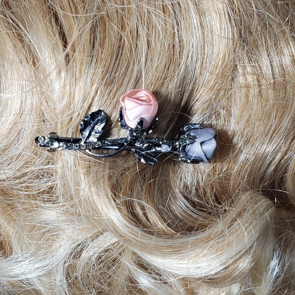 Gray & Peach Silk Roses Petite  Hair Barrett - Hair Clip - Picture 3 of 7
